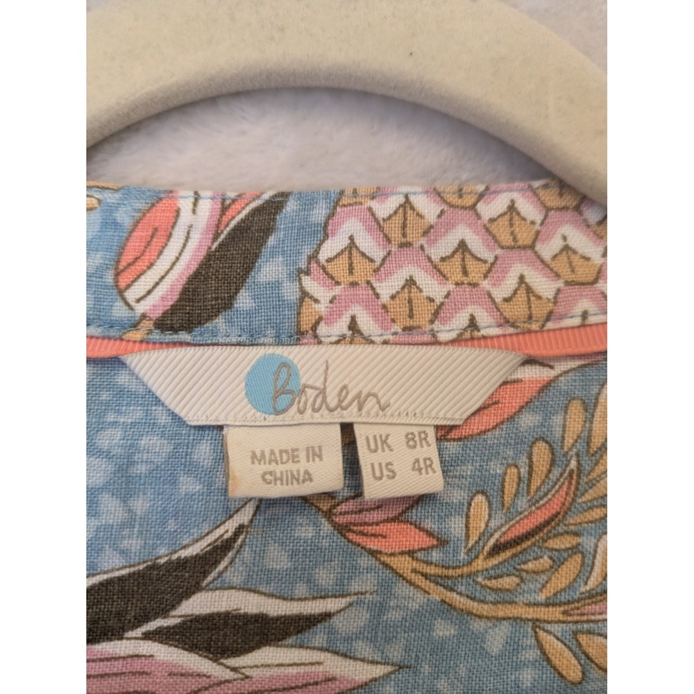 Boden Linen Pineapple Tunic Dress Women's 4R Blue Pink Pom Pom Trim - Picture 7 of 11